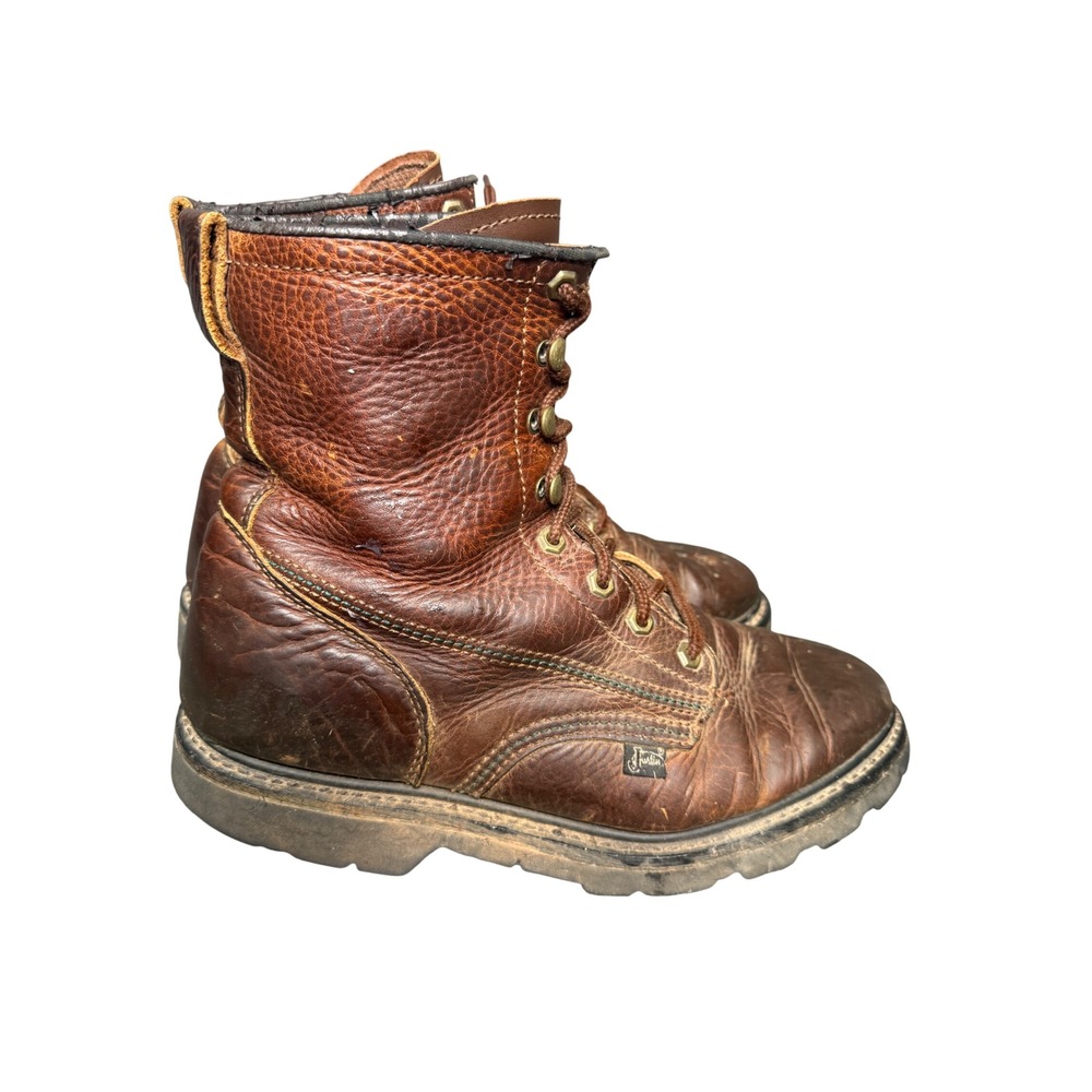 Justin Mens Work Boots WK905 Brown Leather Lace Up Oil Resisting Size 10.5 M